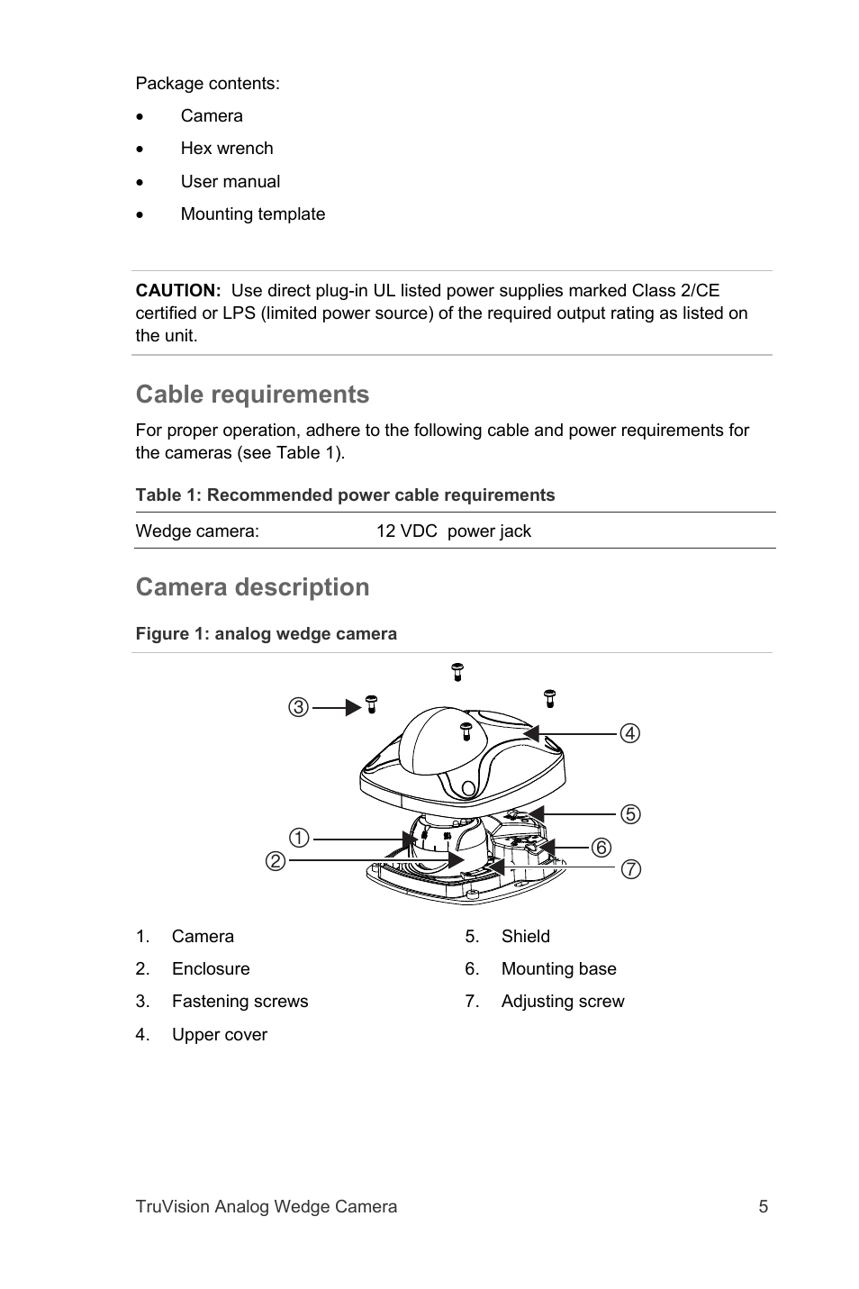 Cable requirements, Camera description | Interlogix TVW-2101 User Manual User Manual | Page 5 / 12