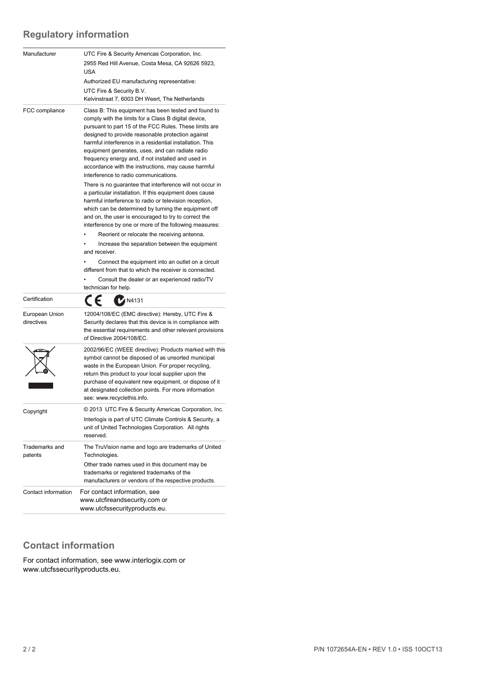 Regulatory information, Contact information | Interlogix TVW-2101 Installation Instructions User Manual | Page 2 / 2