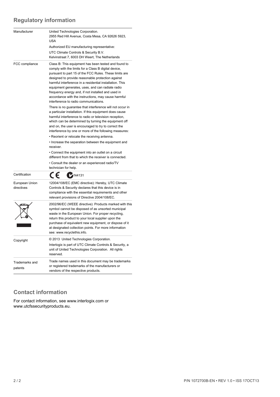Regulatory information, Contact information | Interlogix TVT-4101 User Manual | Page 2 / 2