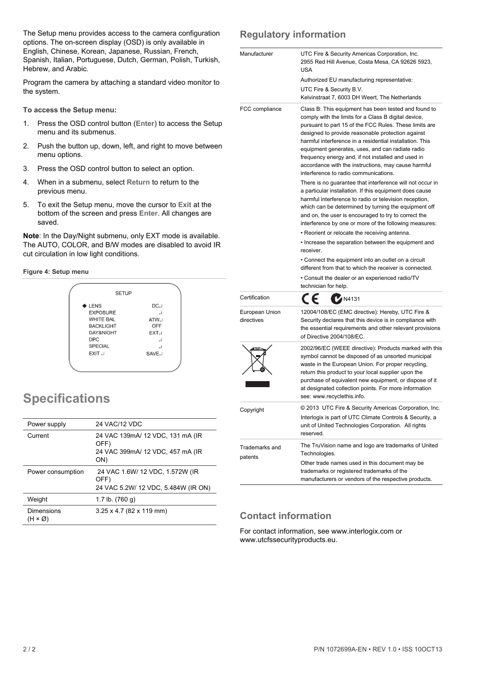 Specifications, Regulatory information, Contact information | Interlogix TVT-4103 User Manual | Page 2 / 2