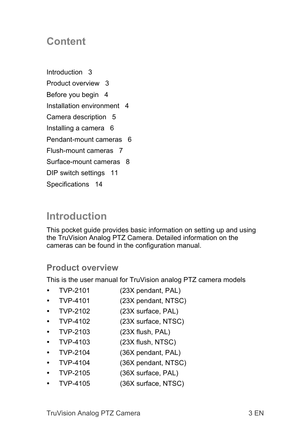 Content, Introduction | Interlogix TruVision 960H Premium Resolution Series PTZ Cameras Installation Manual User Manual | Page 3 / 16