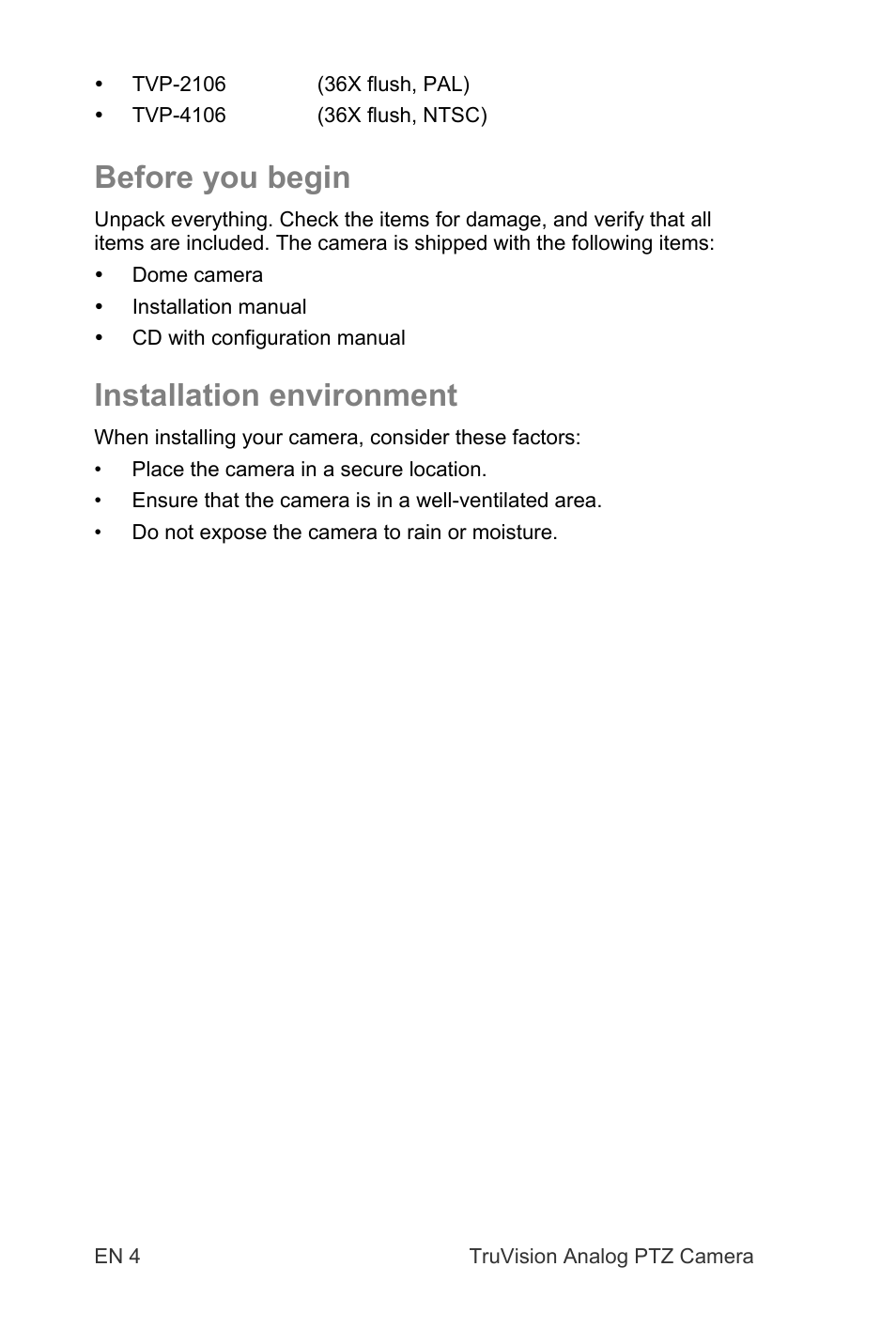 Before you begin, Installation environment | Interlogix TruVision 960H Premium Resolution Series PTZ Cameras Installation Manual User Manual | Page 4 / 16