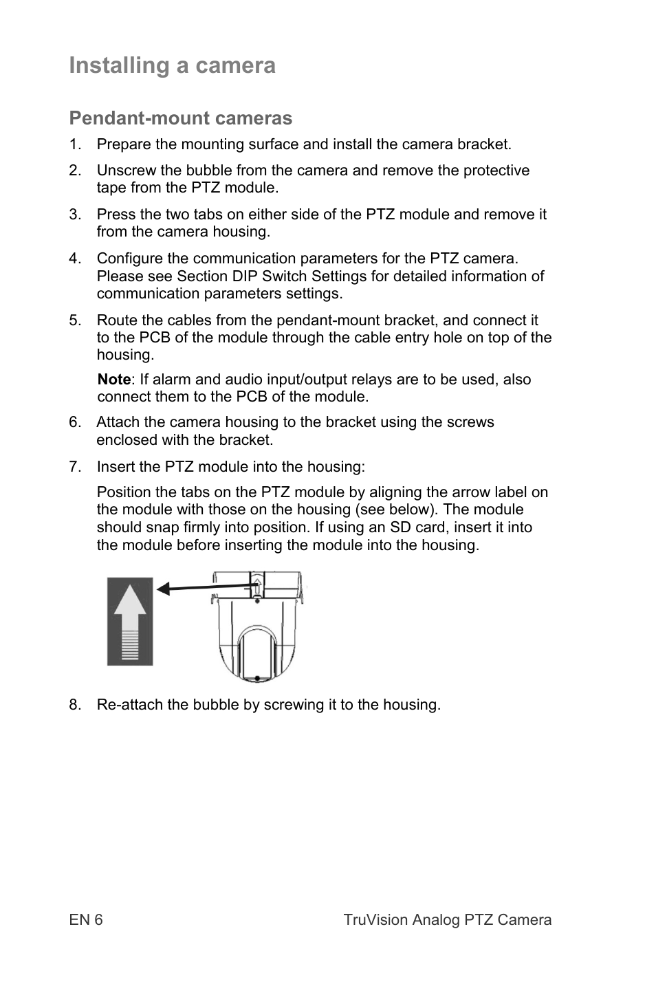 Installing a camera, Pendant-mount cameras | Interlogix TruVision 960H Premium Resolution Series PTZ Cameras Installation Manual User Manual | Page 6 / 16