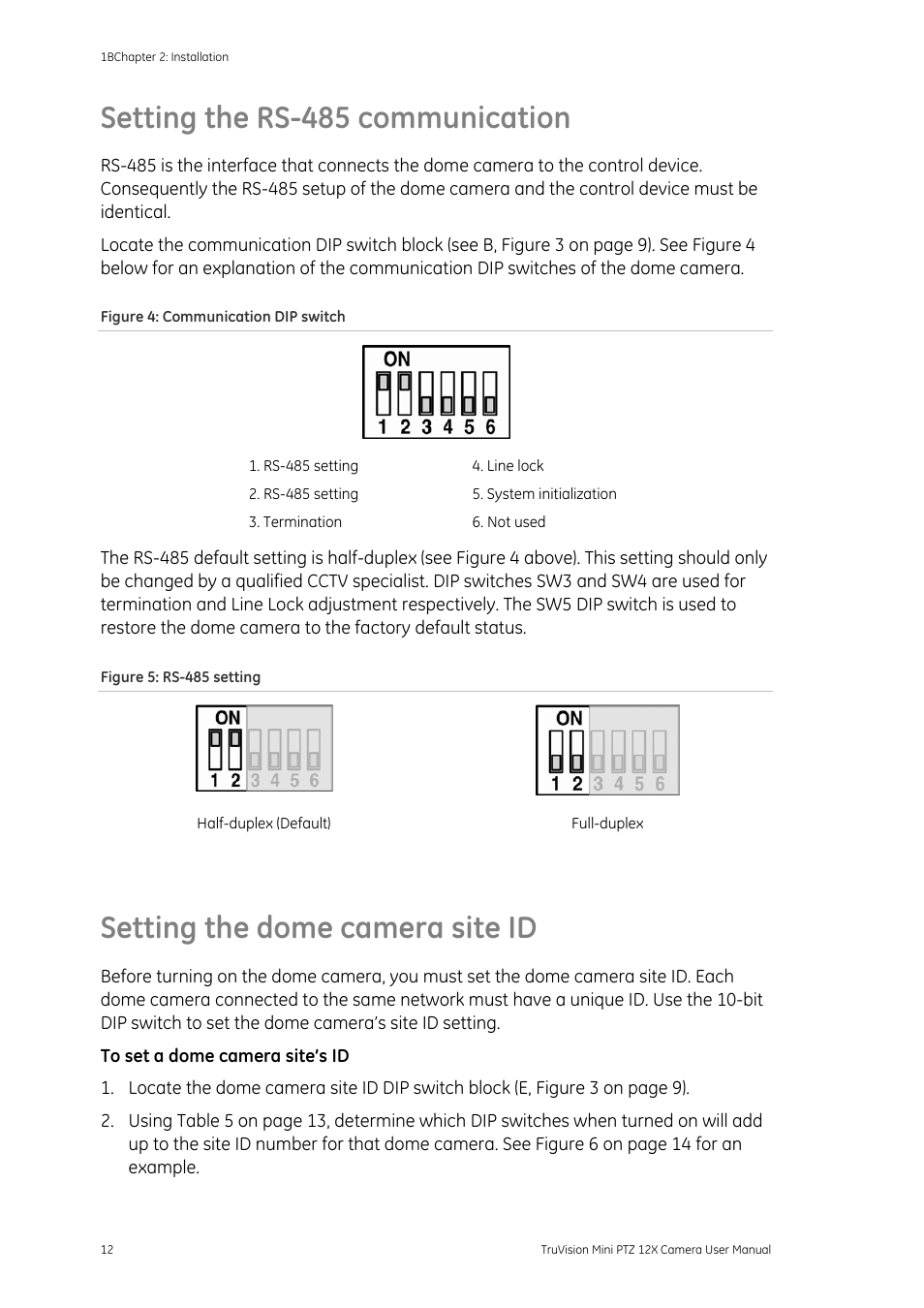 Setting the rs-485 communication, Setting the dome camera site id, Ra site id 12 | Interlogix TruVision PTZ Mini 12X User Manual User Manual | Page 16 / 65