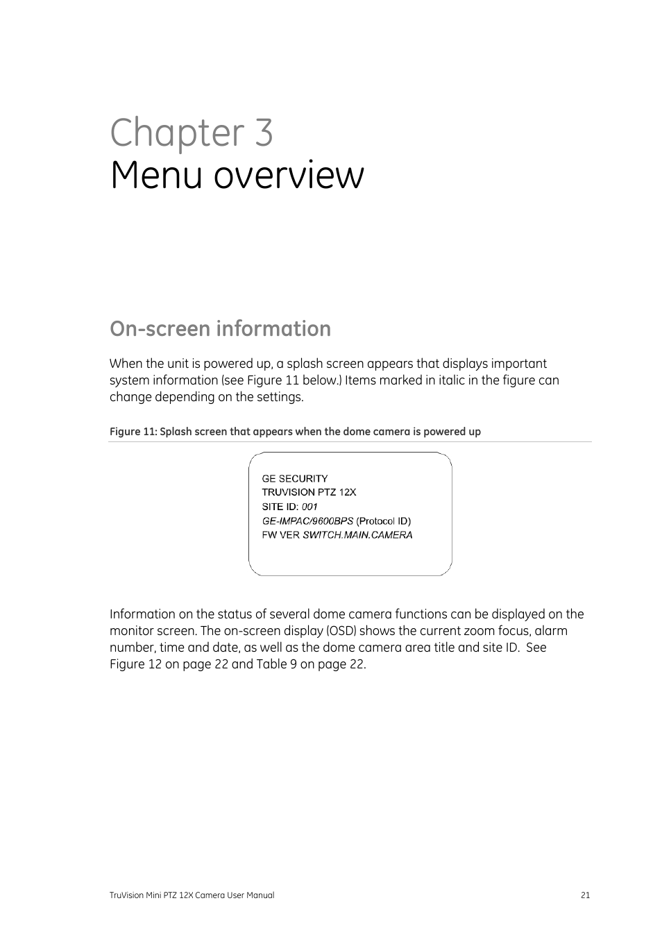 Chapter 3menu overview, On-screen information, View 21 | N 21, Chapter 3 menu overview | Interlogix TruVision PTZ Mini 12X User Manual User Manual | Page 25 / 65