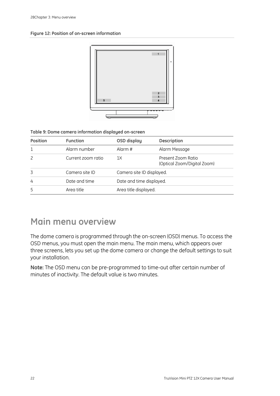 Main menu overview, Main menu overview 22 | Interlogix TruVision PTZ Mini 12X User Manual User Manual | Page 26 / 65
