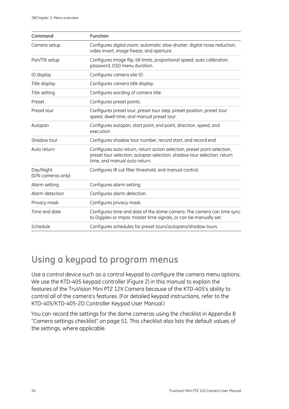 Using a keypad to program menus, Using a keypad to program menus 24 | Interlogix TruVision PTZ Mini 12X User Manual User Manual | Page 28 / 65