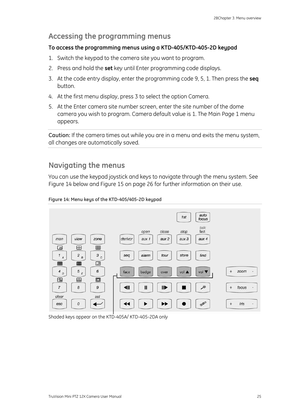Accessing the programming menus, Navigating the menus | Interlogix TruVision PTZ Mini 12X User Manual User Manual | Page 29 / 65