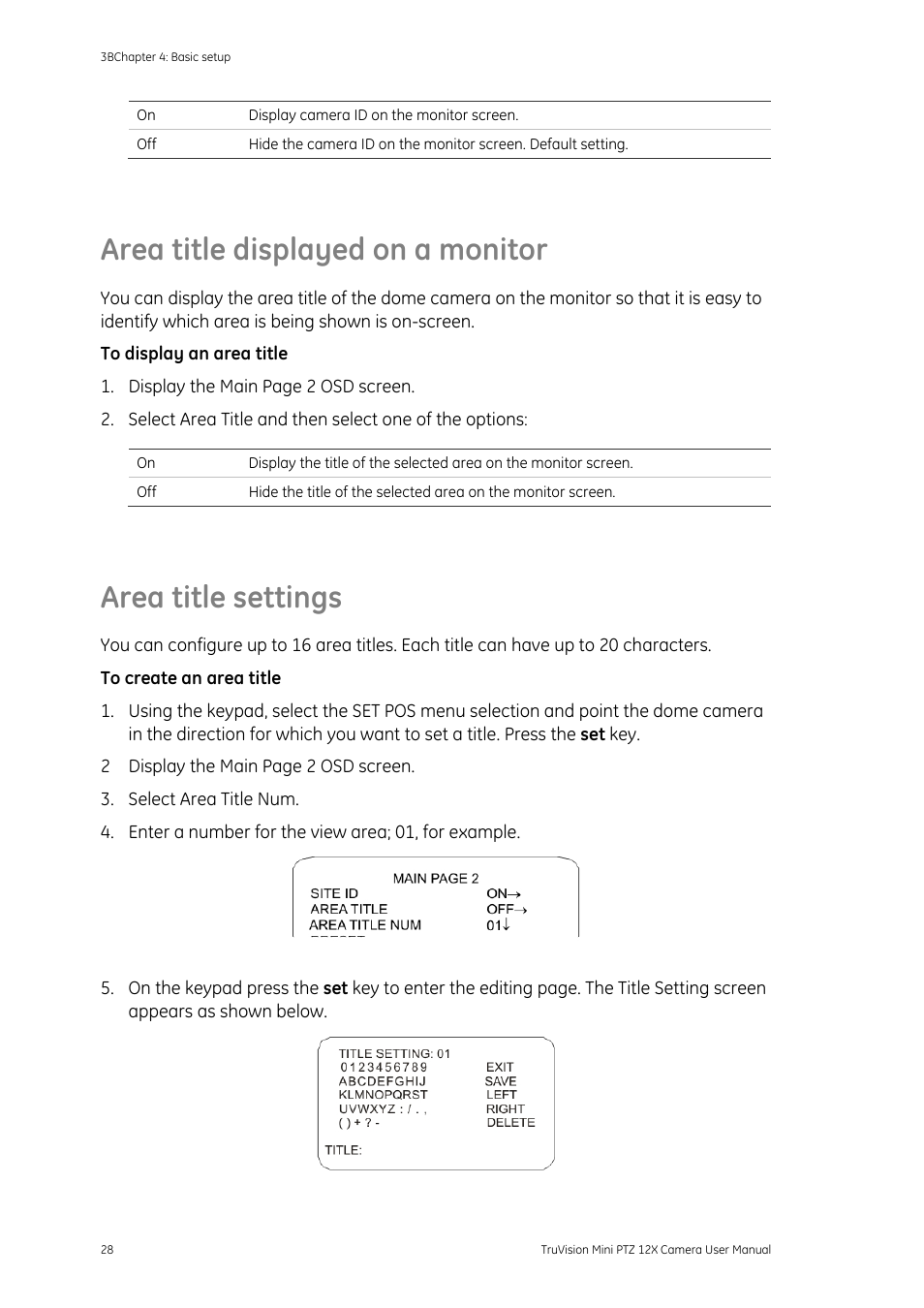Area title displayed on a monitor, Area title settings | Interlogix TruVision PTZ Mini 12X User Manual User Manual | Page 32 / 65