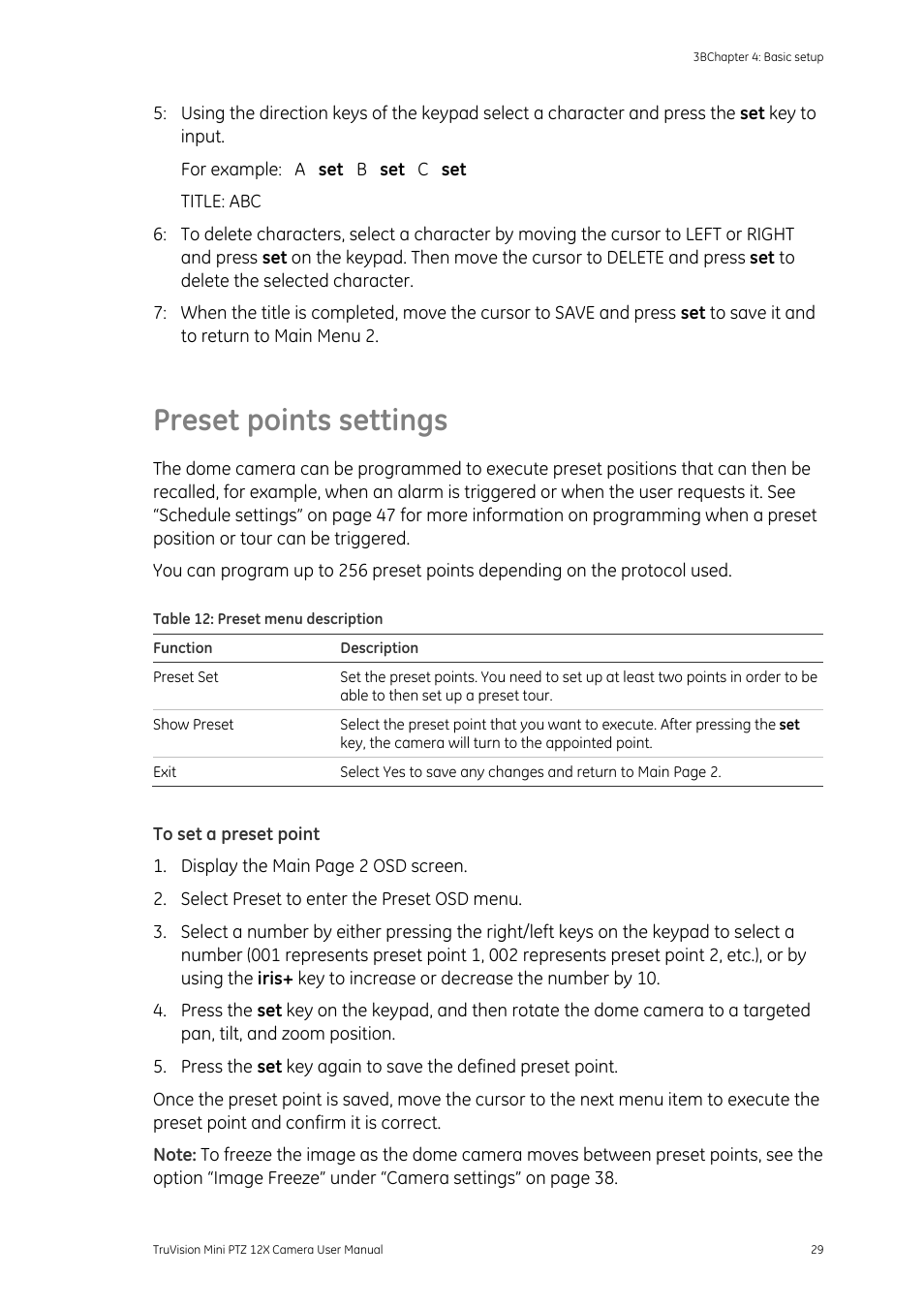 Preset points settings, Preset points settings 29 | Interlogix TruVision PTZ Mini 12X User Manual User Manual | Page 33 / 65