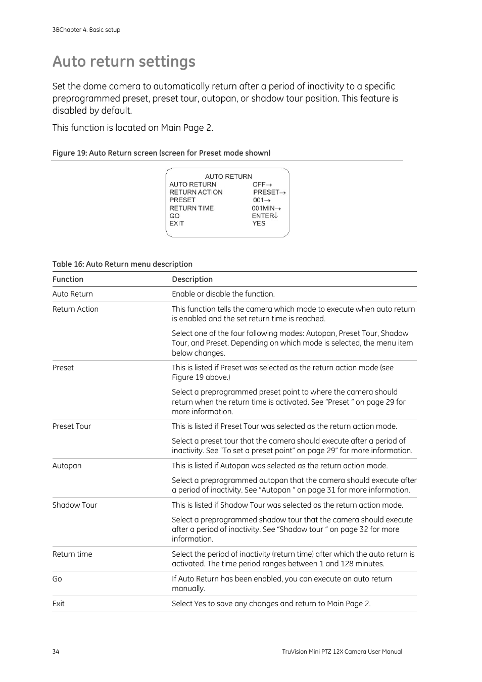 Auto return settings, Turn settings 34 | Interlogix TruVision PTZ Mini 12X User Manual User Manual | Page 38 / 65