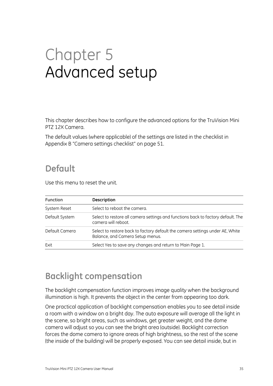 Chapter 5advanced setup, Default, Backlight compensation | Advanced setup 35, Backlight compensation 35, Chapter 5 advanced setup | Interlogix TruVision PTZ Mini 12X User Manual User Manual | Page 39 / 65