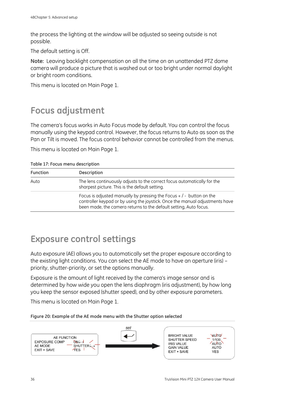 Focus adjustment, Exposure control settings | Interlogix TruVision PTZ Mini 12X User Manual User Manual | Page 40 / 65
