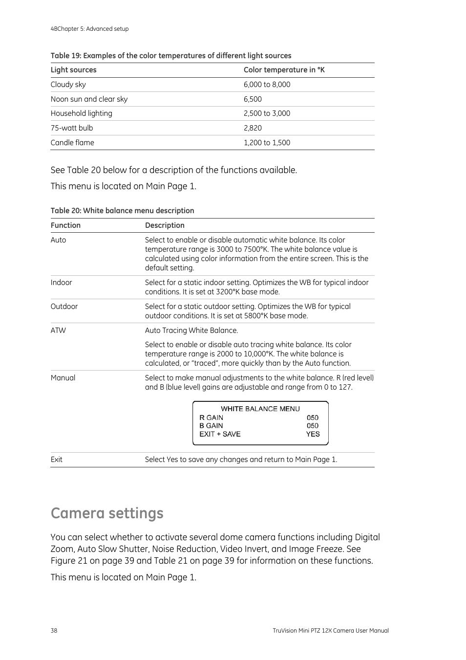 Camera settings | Interlogix TruVision PTZ Mini 12X User Manual User Manual | Page 42 / 65
