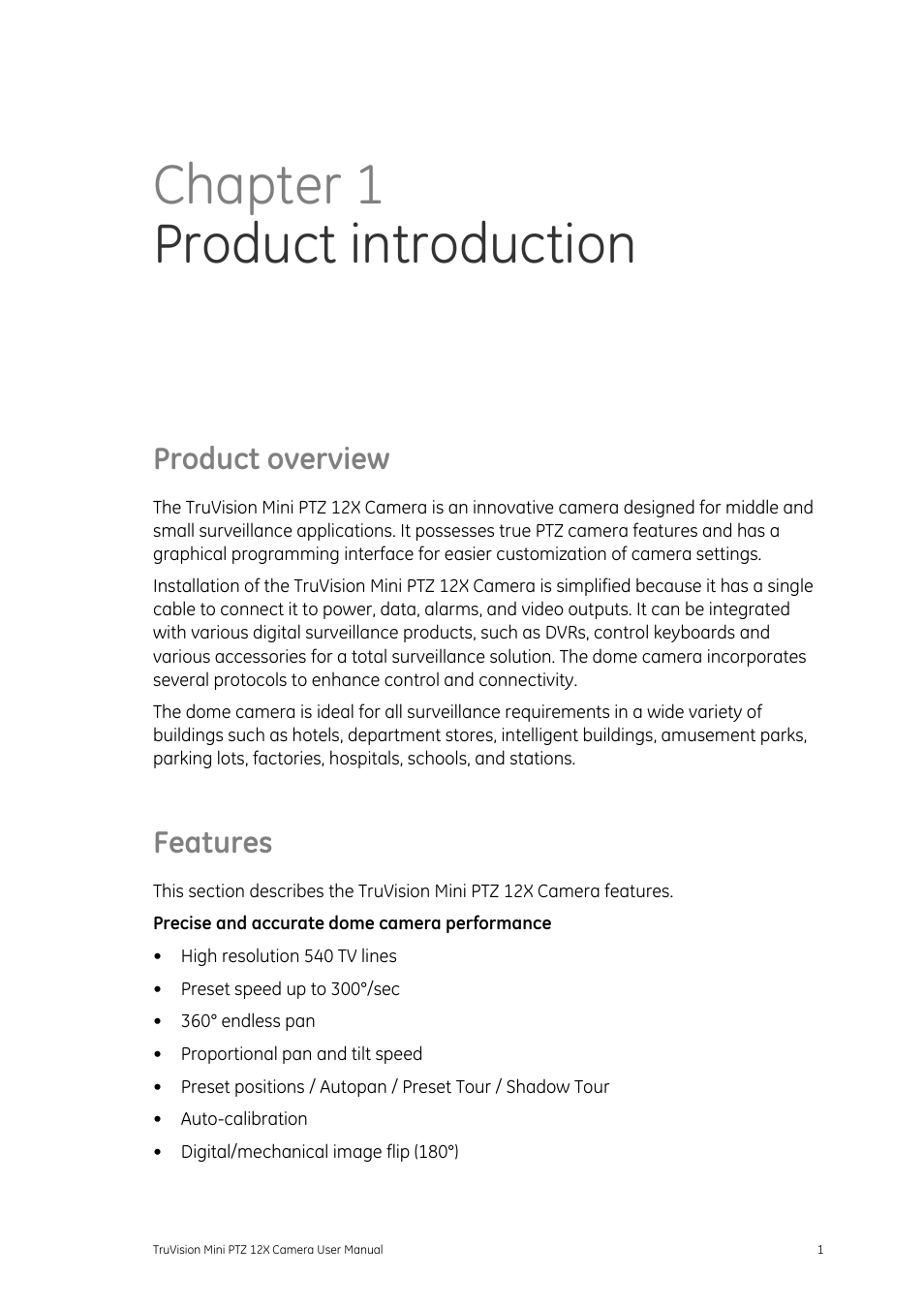 Chapter 1product introduction, Product overview, Features | Chapter 1 product introduction | Interlogix TruVision PTZ Mini 12X User Manual User Manual | Page 5 / 65