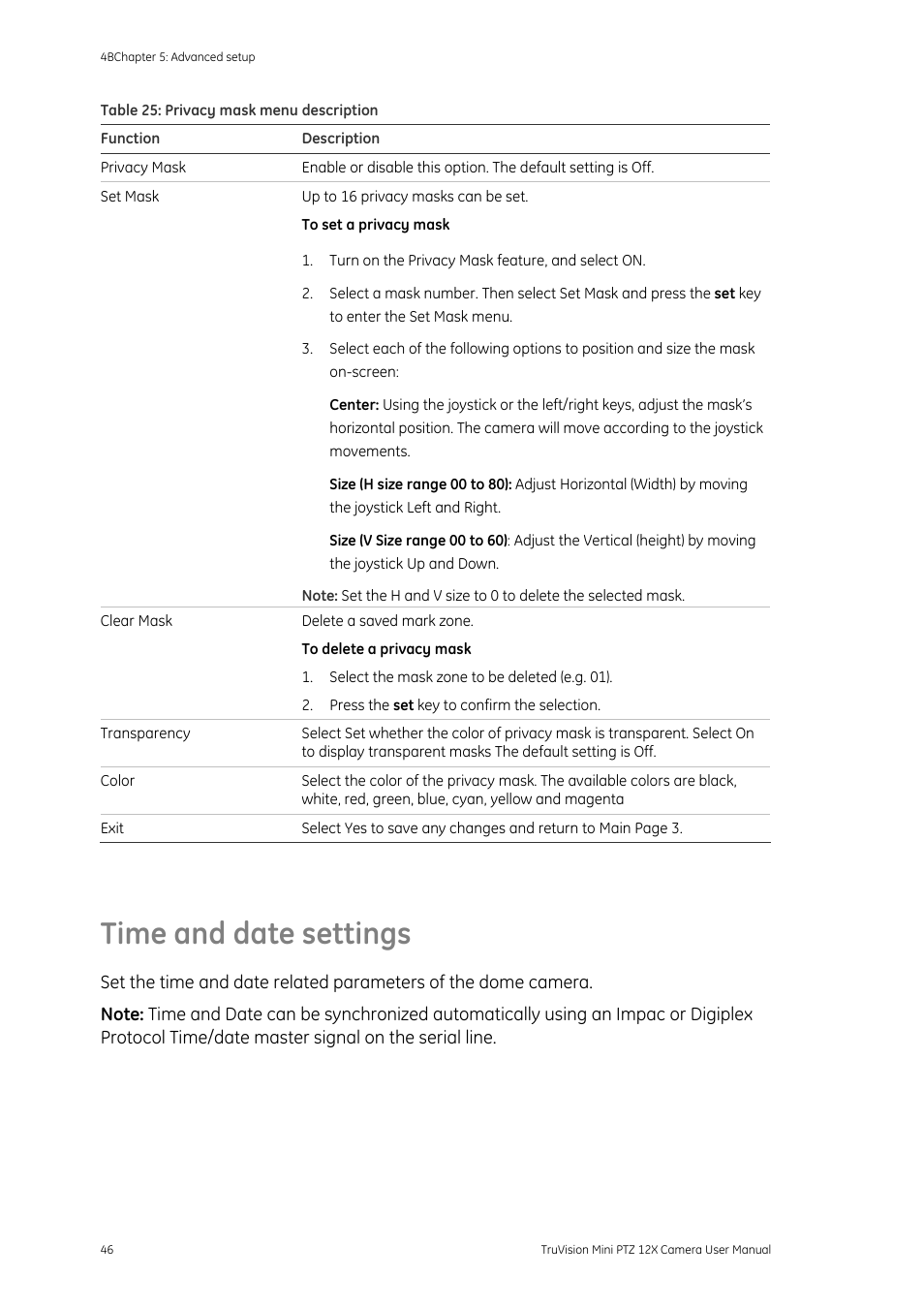 Time and date settings, Time and date settings 46 | Interlogix TruVision PTZ Mini 12X User Manual User Manual | Page 50 / 65