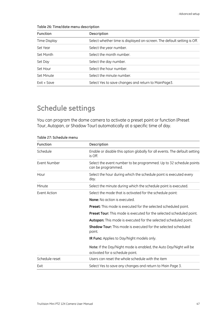 Schedule settings | Interlogix TruVision PTZ Mini 12X User Manual User Manual | Page 51 / 65