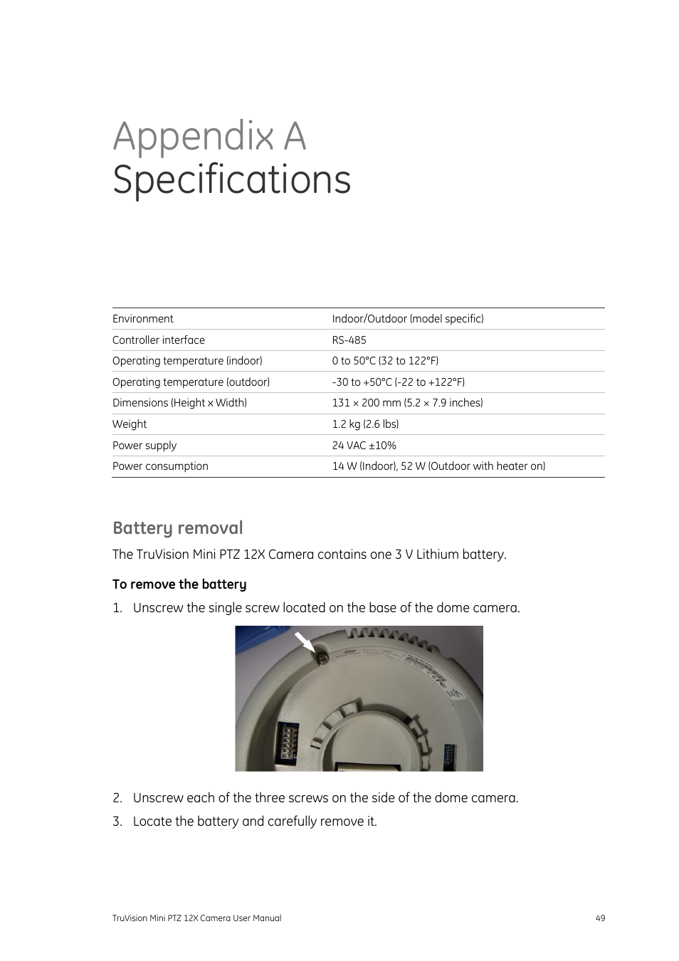 Appendix aspecifications, Battery removal, Appendix a specifications | Interlogix TruVision PTZ Mini 12X User Manual User Manual | Page 53 / 65