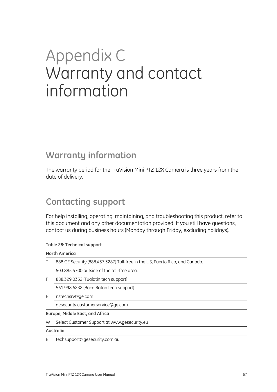 Appendix cwarranty and contact information, Warranty information, Contacting support | 57 contacting support 57, Appendix c warranty and contact information | Interlogix TruVision PTZ Mini 12X User Manual User Manual | Page 61 / 65