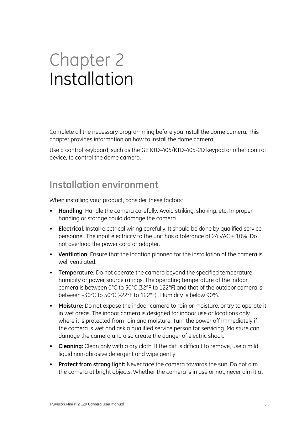 Chapter 2installation, Installation environment, Chapter 2 installation | Interlogix TruVision PTZ Mini 12X User Manual User Manual | Page 9 / 65
