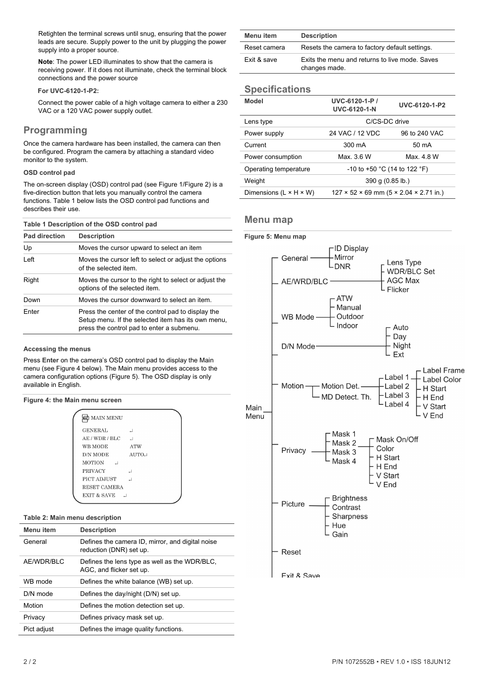 Programming, Specifications, Menu map | Interlogix UVC-6120-1 Quick Start User Manual | Page 2 / 2