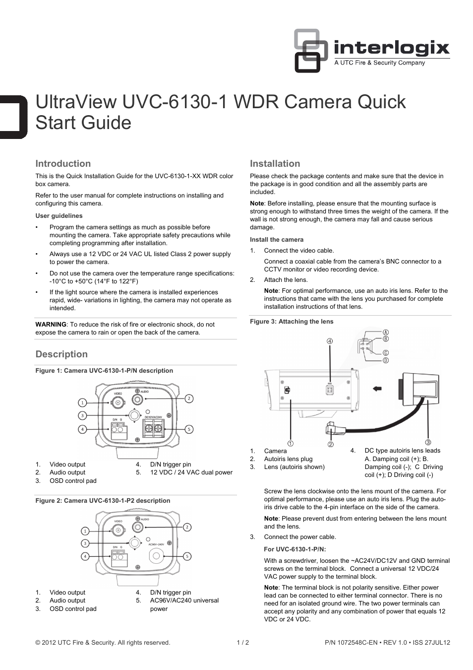Interlogix UVC-6130-1 Quick Start User Manual | 2 pages