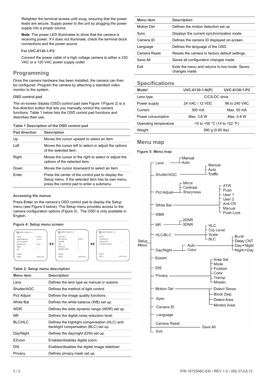Programming, Specifications, Menu map | Interlogix UVC-6130-1 Quick Start User Manual | Page 2 / 2