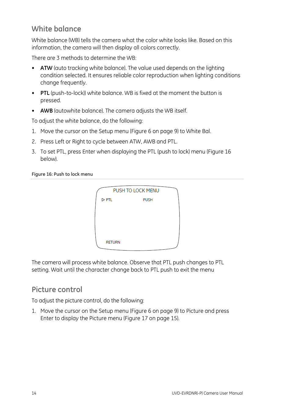 White balance, Picture control, White balance 14 picture control 14 | Interlogix UVD-EVRDNR User Manual | Page 16 / 20