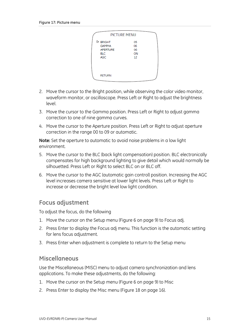 Focus adjustment, Miscellaneous, Focus adjustment 15 miscellaneous 15 | Interlogix UVD-EVRDNR User Manual | Page 17 / 20