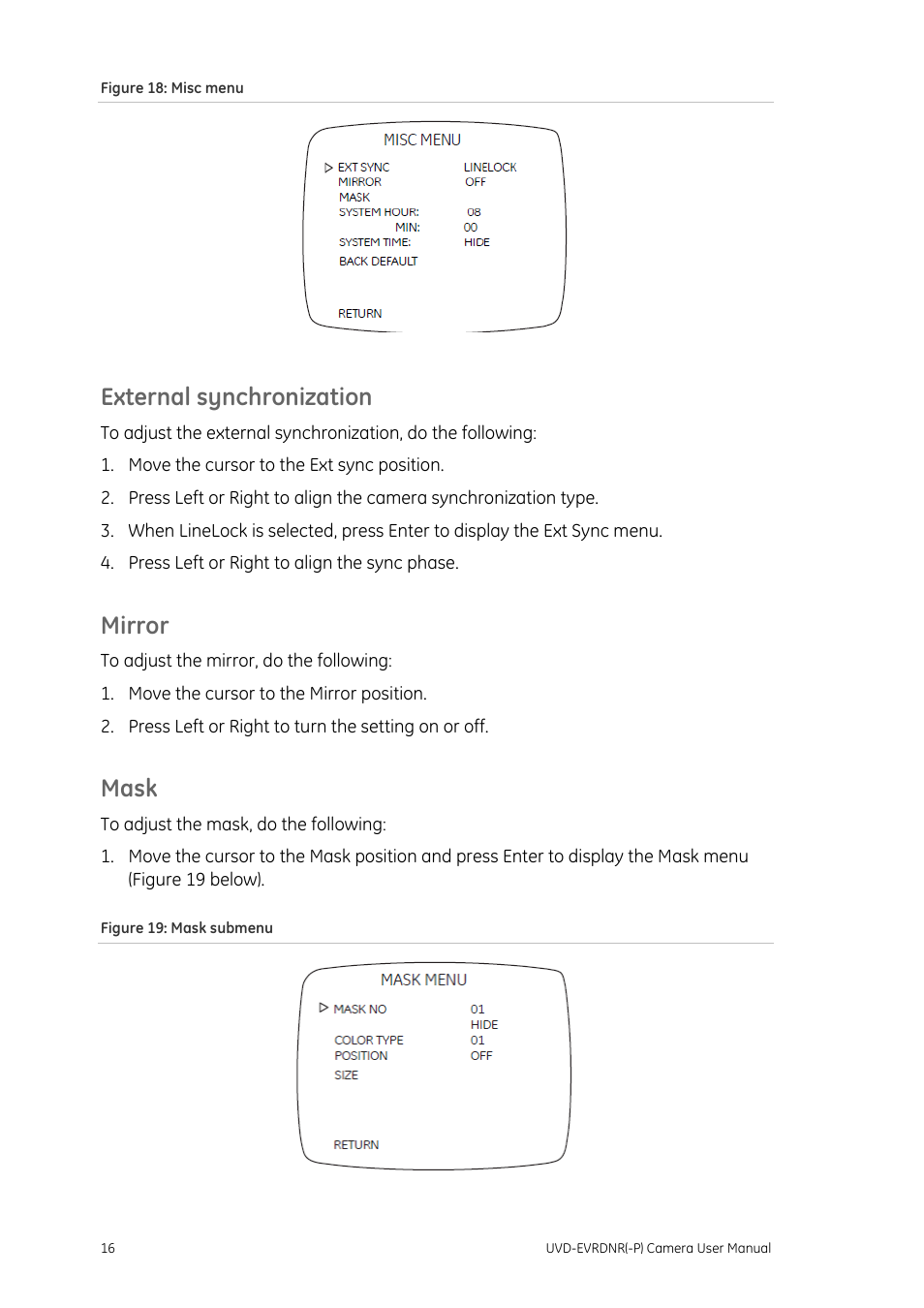 External synchronization, Mirror, Mask | External synchronization 16 mirror 16 mask 16 | Interlogix UVD-EVRDNR User Manual | Page 18 / 20