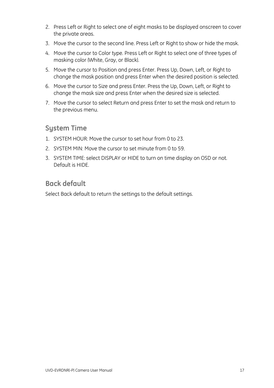 System time, Back default, System time 17 back default 17 | Interlogix UVD-EVRDNR User Manual | Page 19 / 20