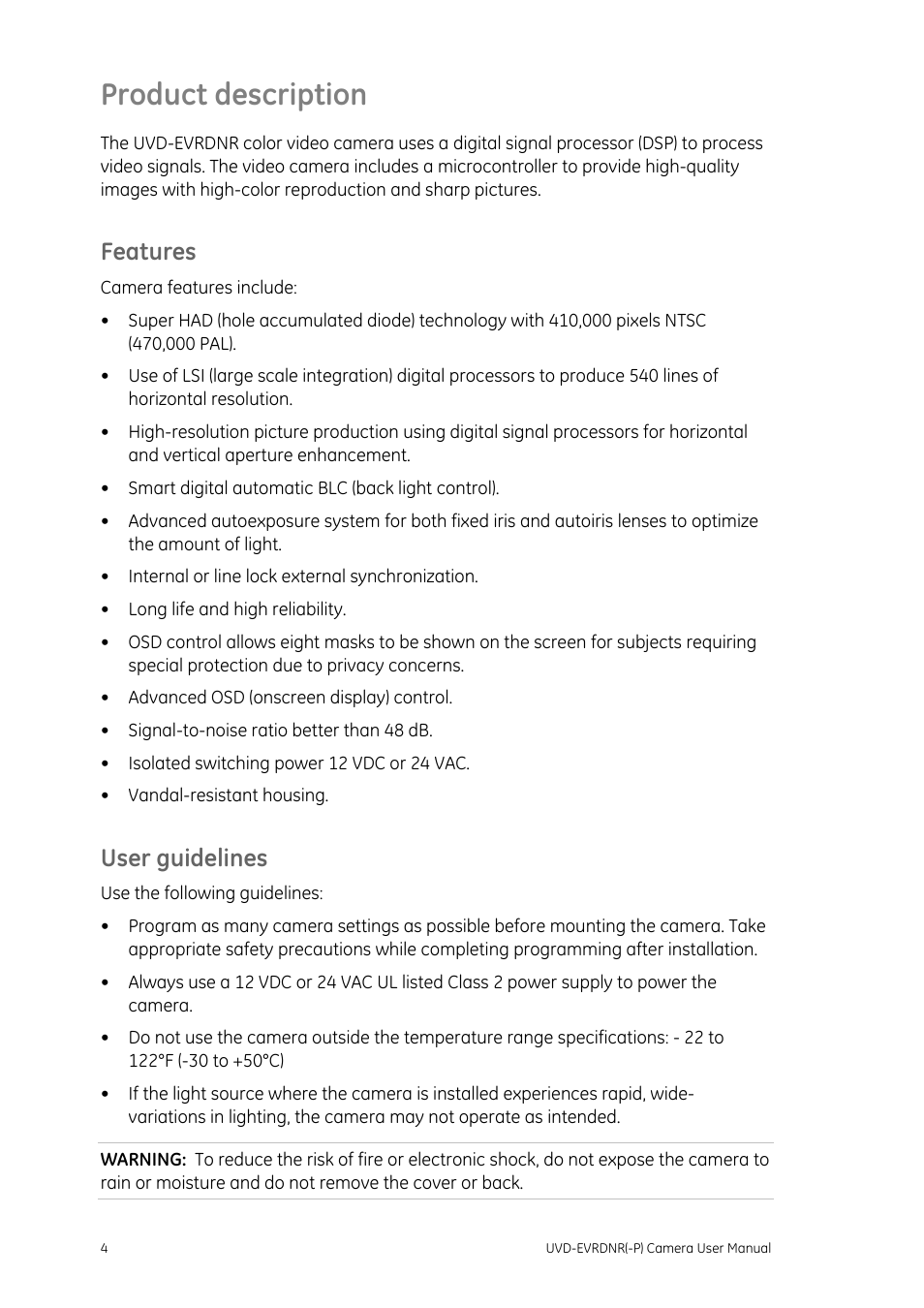Product description, Features, User guidelines | Product description 4, Features 4 user guidelines 4 | Interlogix UVD-EVRDNR User Manual | Page 6 / 20