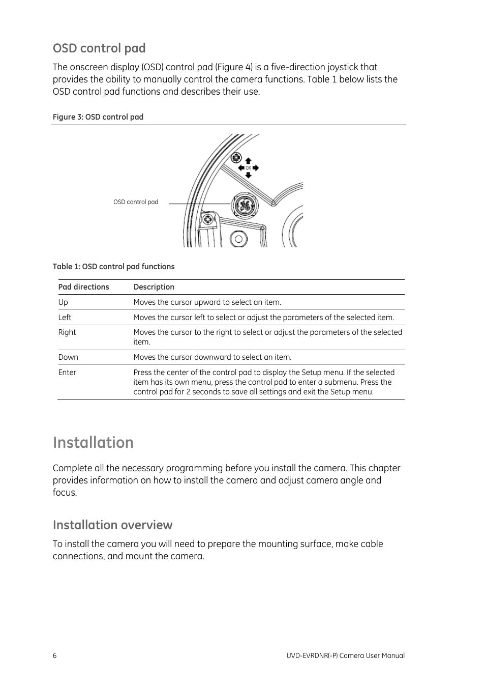 Osd control pad, Installation, Installation overview | Osd control pad 6, Installation 6, Installation overview 6 | Interlogix UVD-EVRDNR User Manual | Page 8 / 20