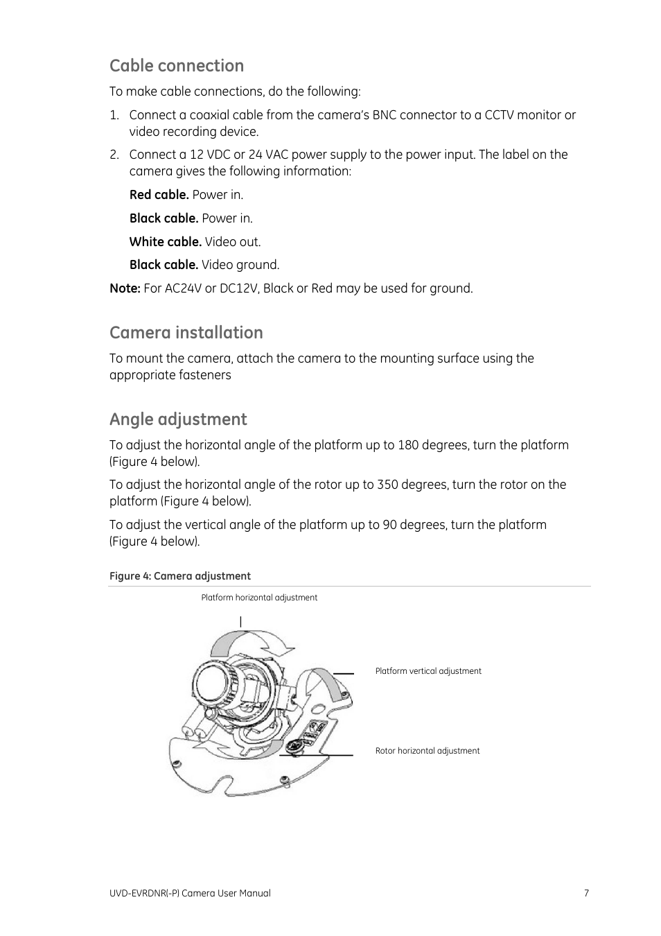 Cable connection, Camera installation, Angle adjustment | Interlogix UVD-EVRDNR User Manual | Page 9 / 20