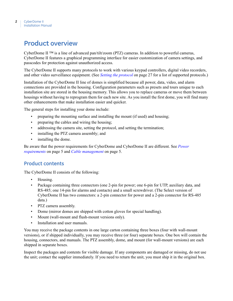 Product overview, Product contents | Interlogix UltraView PTZ Dome Series User Manual | Page 10 / 64