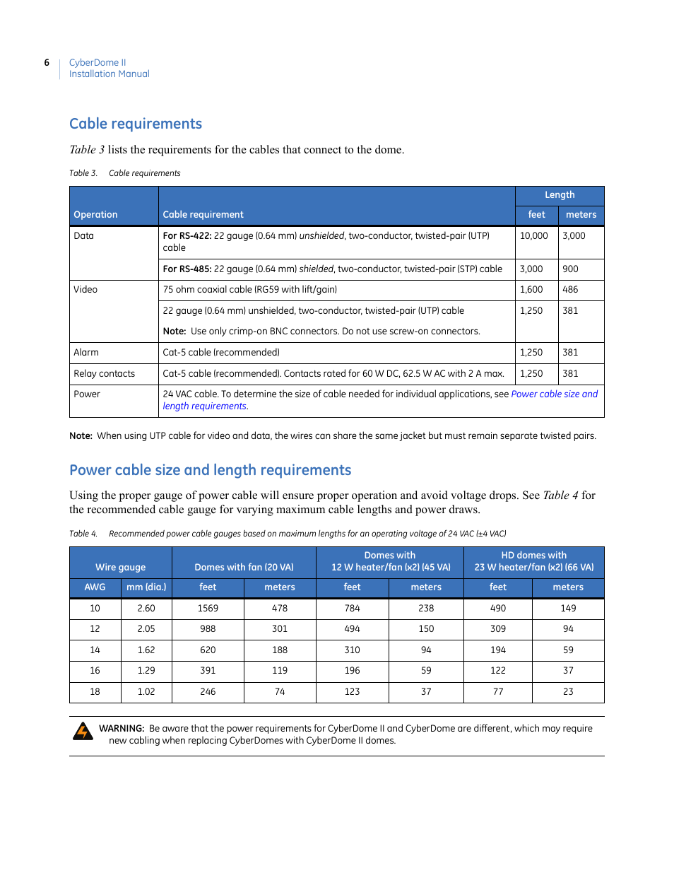 Cable requirements, Table 3. cable requirements, Power cable size and length requirements | Interlogix UltraView PTZ Dome Series User Manual | Page 14 / 64