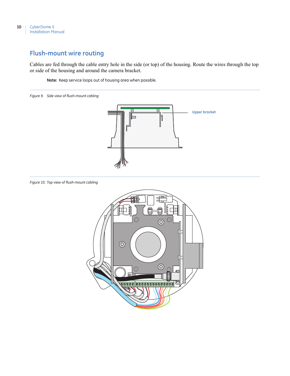 Flush-mount wire routing, Figure 9. side view of flush-mount cabling, Figure 10. top view of flush-mount cabling | Interlogix UltraView PTZ Dome Series User Manual | Page 18 / 64
