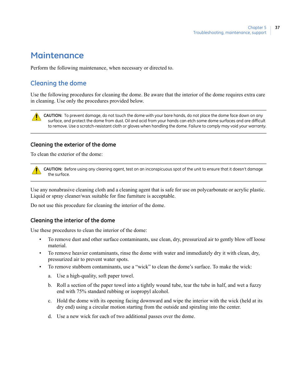 Maintenance, Cleaning the dome | Interlogix UltraView PTZ Dome Series User Manual | Page 45 / 64