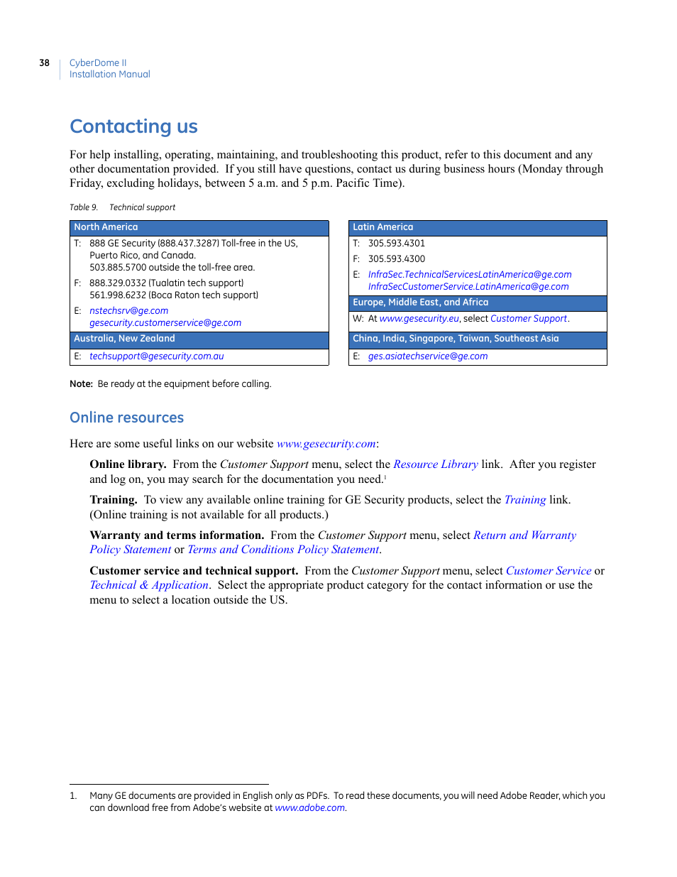 Contacting us, Table 9. technical support, Online resources | R website. refer to, Online, Resources | Interlogix UltraView PTZ Dome Series User Manual | Page 46 / 64