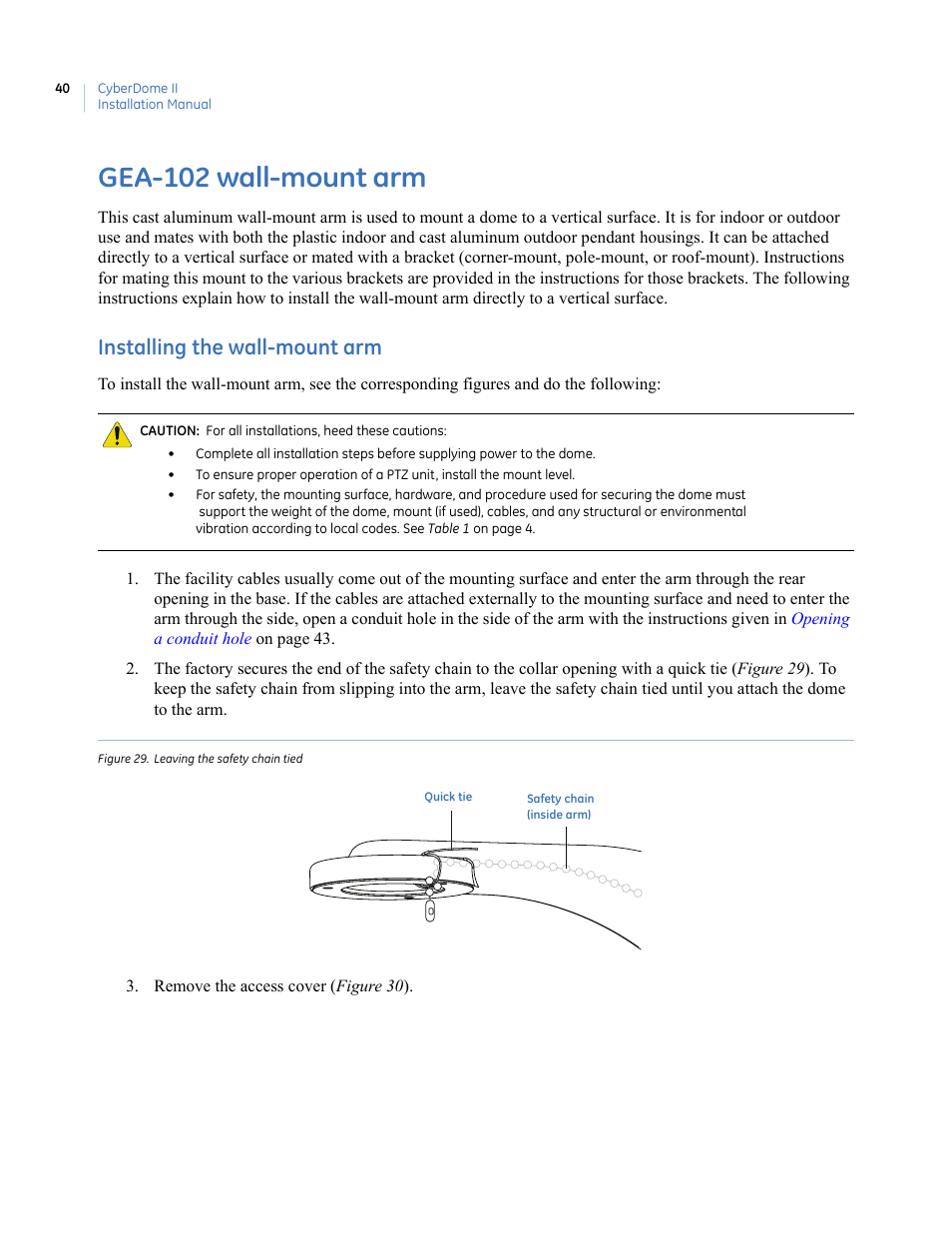 Gea-102 wall-mount arm, Installing the wall-mount arm, Figure 29. leaving the safety chain tied | Interlogix UltraView PTZ Dome Series User Manual | Page 48 / 64