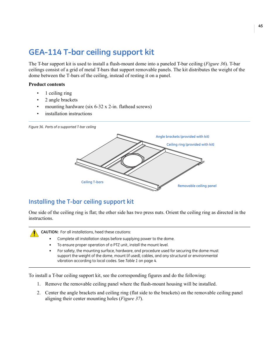 Gea-114 t-bar ceiling support kit, Figure 36. parts of a supported t-bar ceiling, Installing the t-bar ceiling support kit | Available in this manual | Interlogix UltraView PTZ Dome Series User Manual | Page 53 / 64