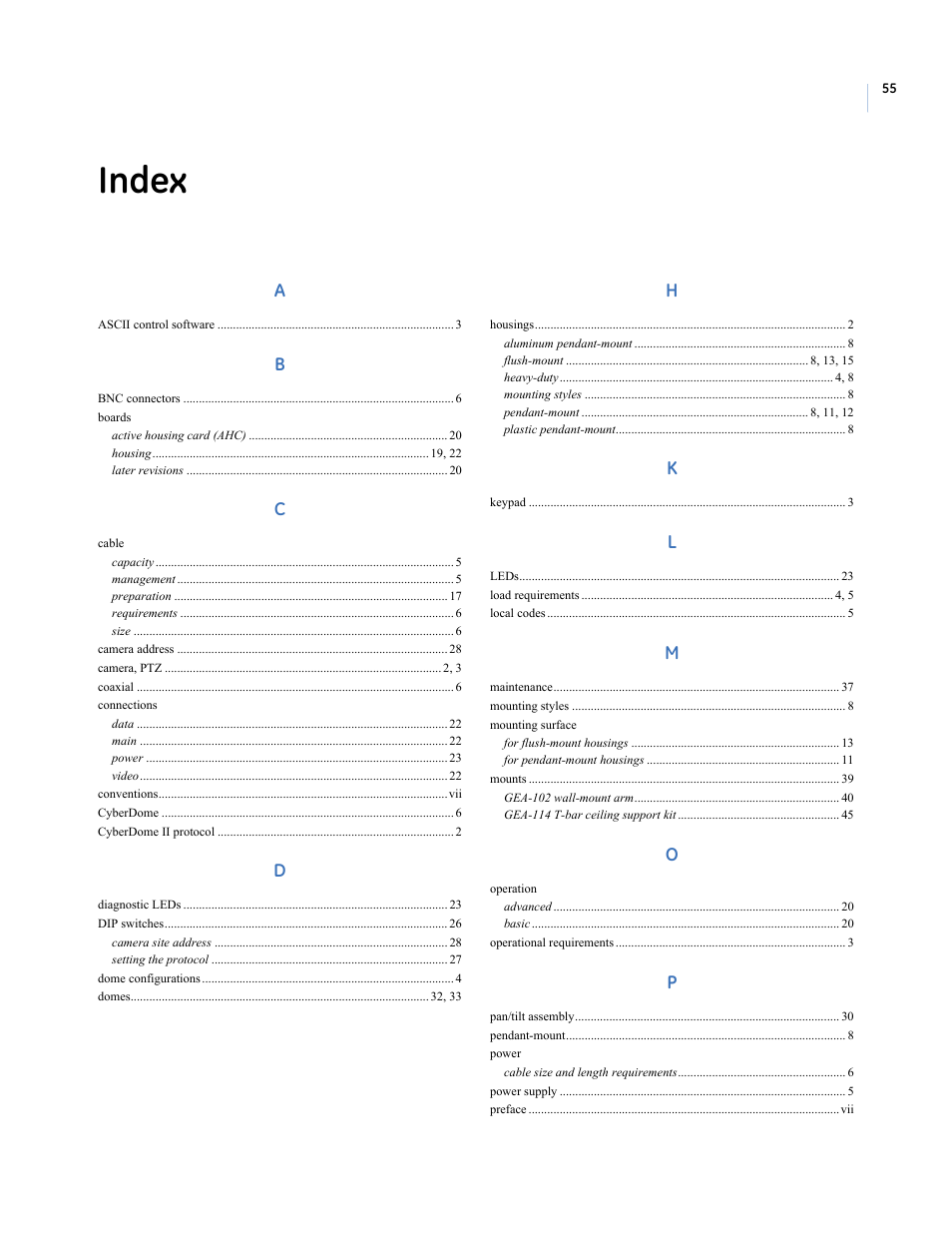 Index | Interlogix UltraView PTZ Dome Series User Manual | Page 63 / 64