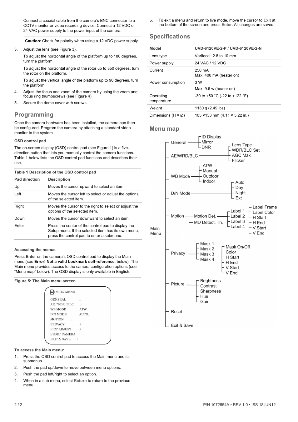 Programming, Specifications, Menu map | Interlogix UVD-6120VE-2 Quick Start User Manual | Page 2 / 2