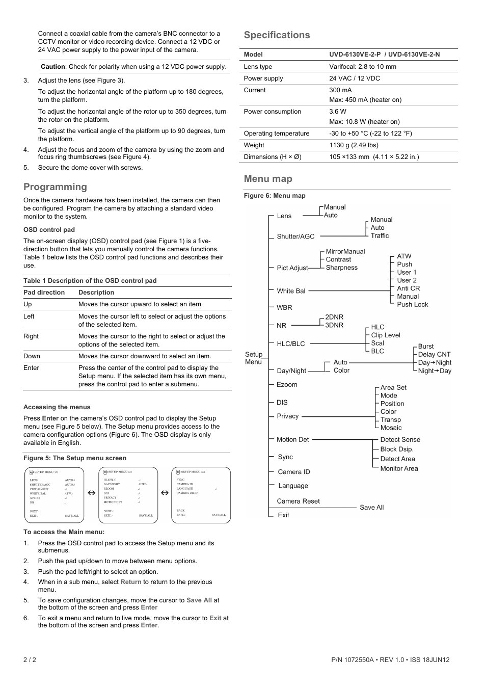 Programming, Specifications, Menu map | Interlogix UVD-6130VE-2 Quick Start User Manual | Page 2 / 2