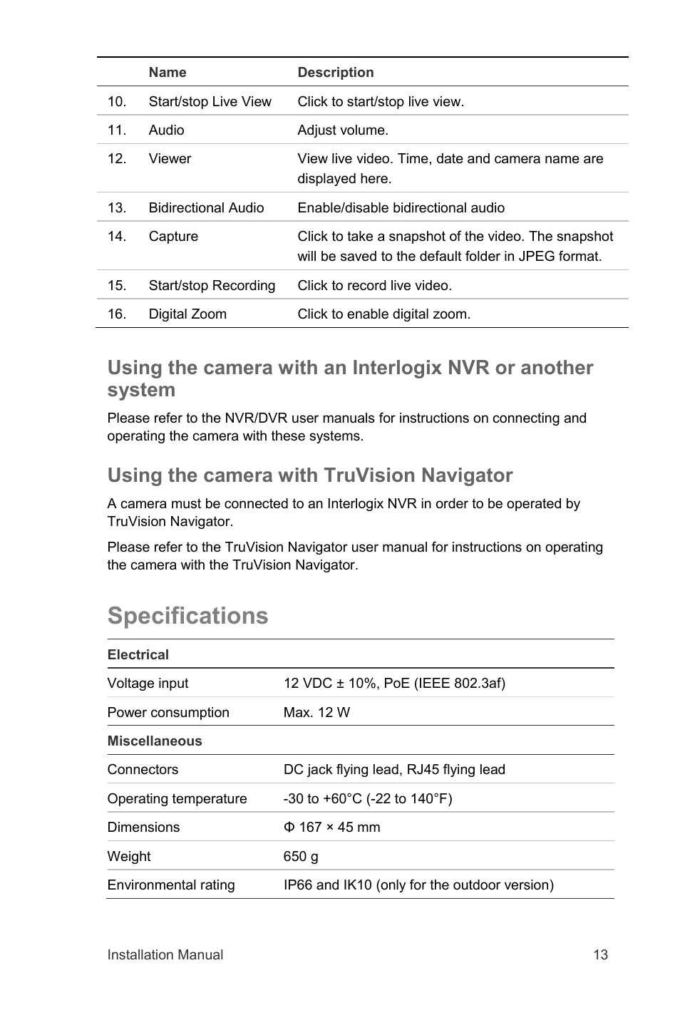 Specifications, Using the camera with truvision navigator | Interlogix TruVision 360° Installation Manual User Manual | Page 15 / 16