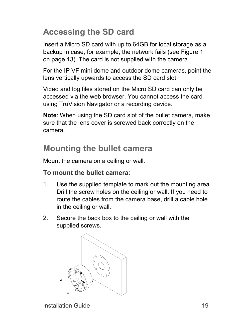 Accessing the sd card, Mounting the bullet camera | Interlogix TruVision Intelligent IP Dome Installation Manual User Manual | Page 23 / 40
