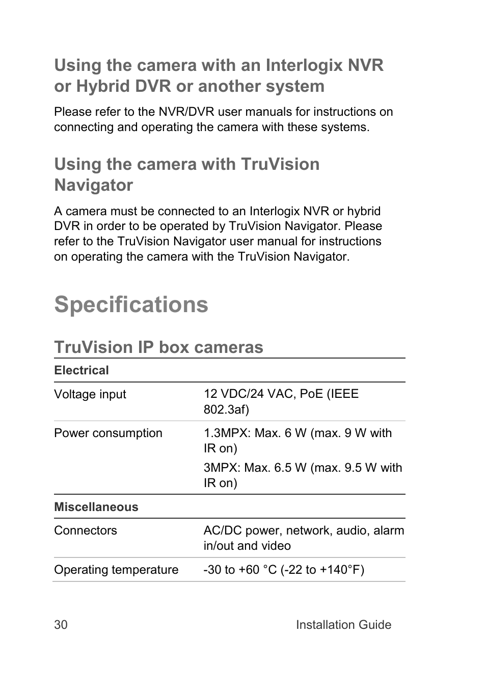 Specifications, Using the camera with truvision navigator, Truvision ip box cameras | Interlogix TruVision Intelligent IP Dome Installation Manual User Manual | Page 34 / 40