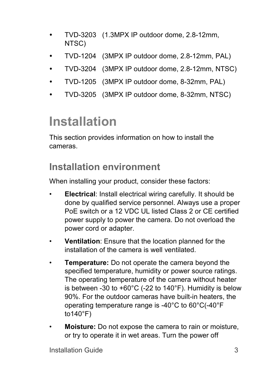 Installation, Installation environment | Interlogix TruVision Intelligent IP Dome Installation Manual User Manual | Page 7 / 40