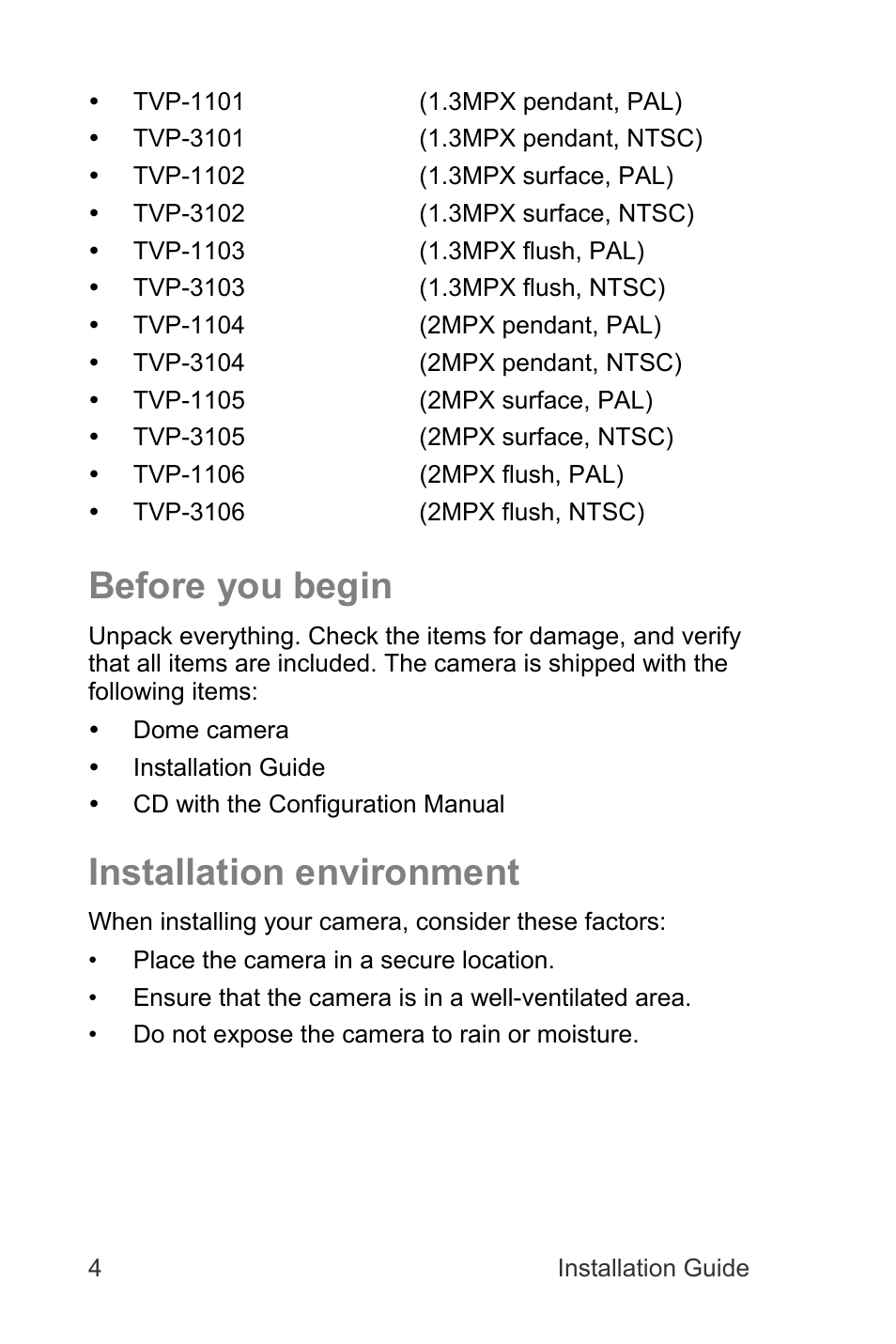 Before you begin, Installation environment | Interlogix TruVision IP Megapixel PTZ Installation Manual User Manual | Page 4 / 20
