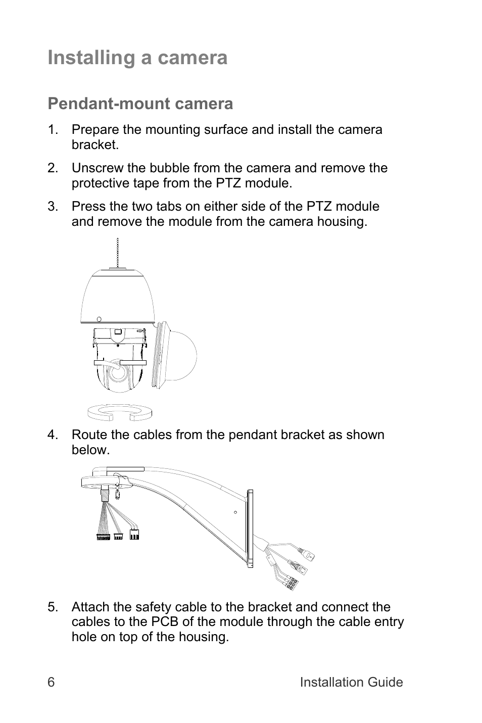 Installing a camera, Pendant-mount camera, 6 installation guide | Interlogix TruVision IP Megapixel PTZ Installation Manual User Manual | Page 6 / 20